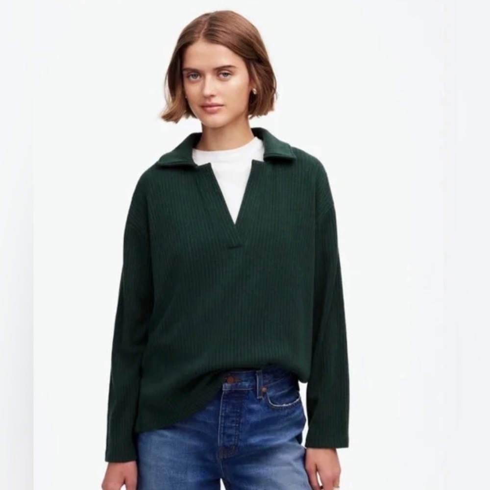 Madewell Rib Knit Long Sleeve Polo Tee Shirt